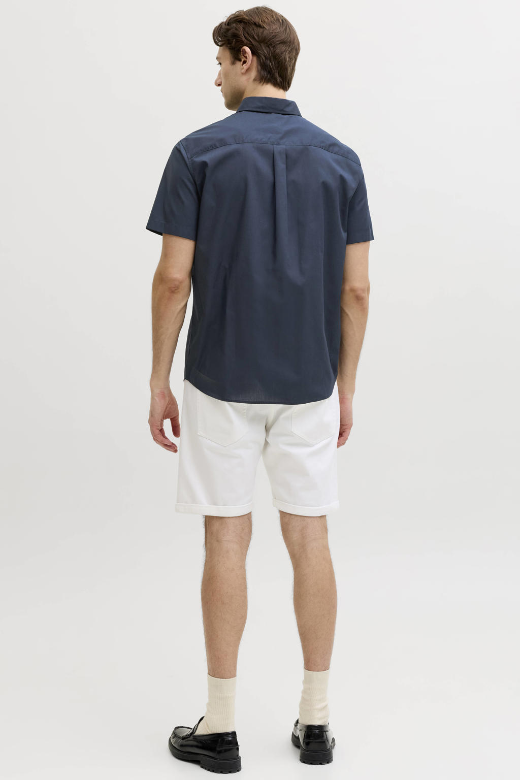 Donkerblauwe heren JJ REBEL regular casual overhemd van polyester met effen, korte mouwen, klassieke kraag, knoopsluiting en geweven detail