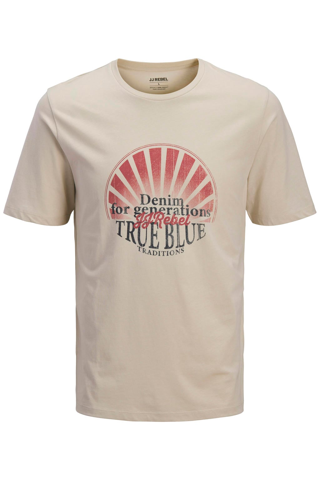 Beige heren JJ REBEL regular T-shirt van katoen met printopdruk, korte mouwen en ronde hals