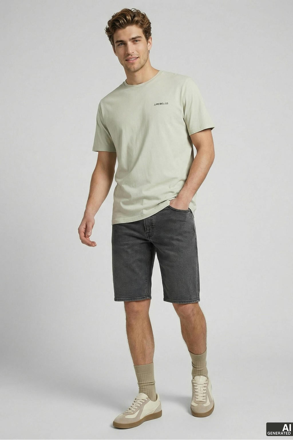 Lichtgroene heren JJ REBEL relaxed T-shirt van katoen met backprint, korte mouwen en ronde hals