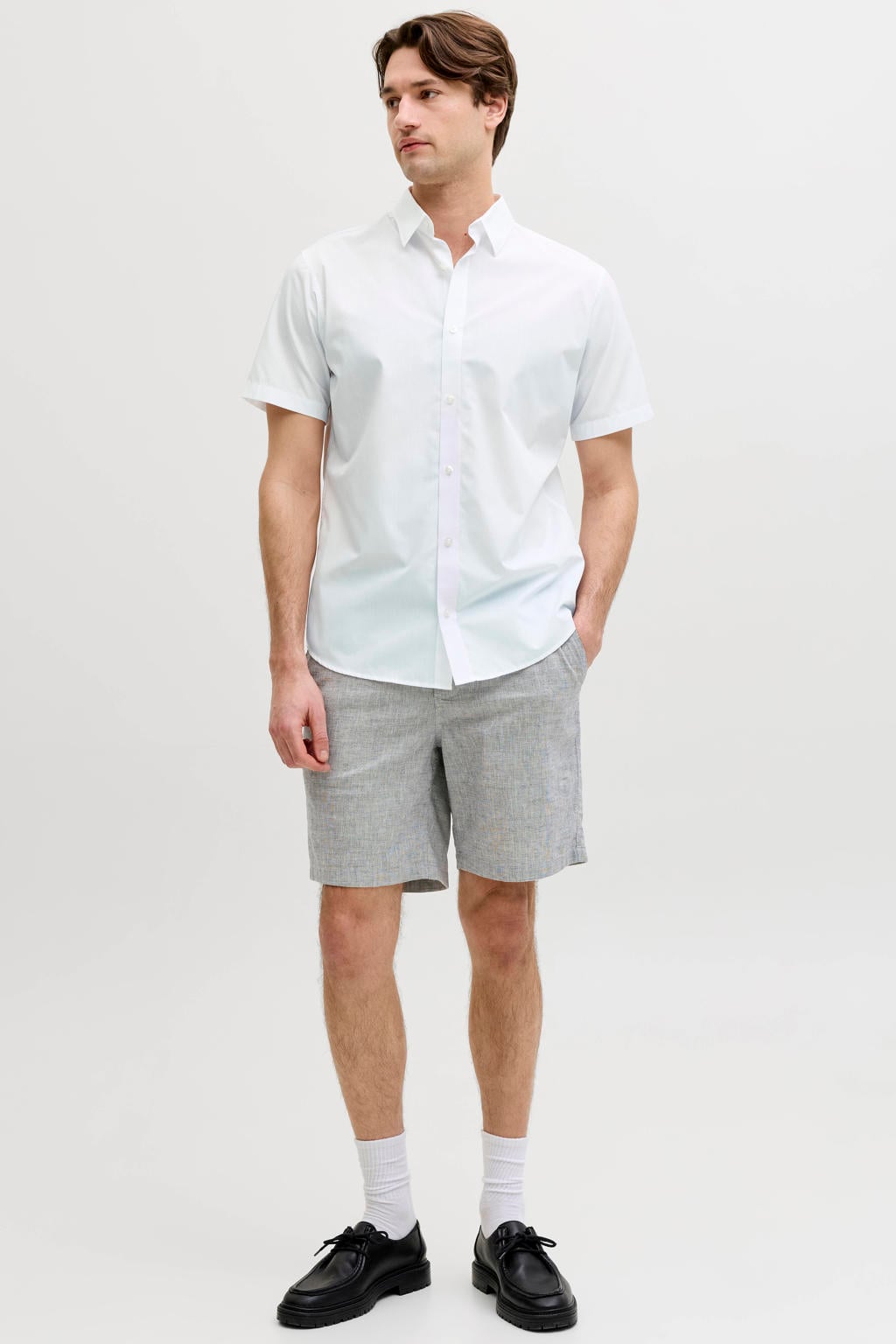 Witte heren JJ REBEL regular casual overhemd van polyester met effen, korte mouwen, klassieke kraag, knoopsluiting en geweven detail