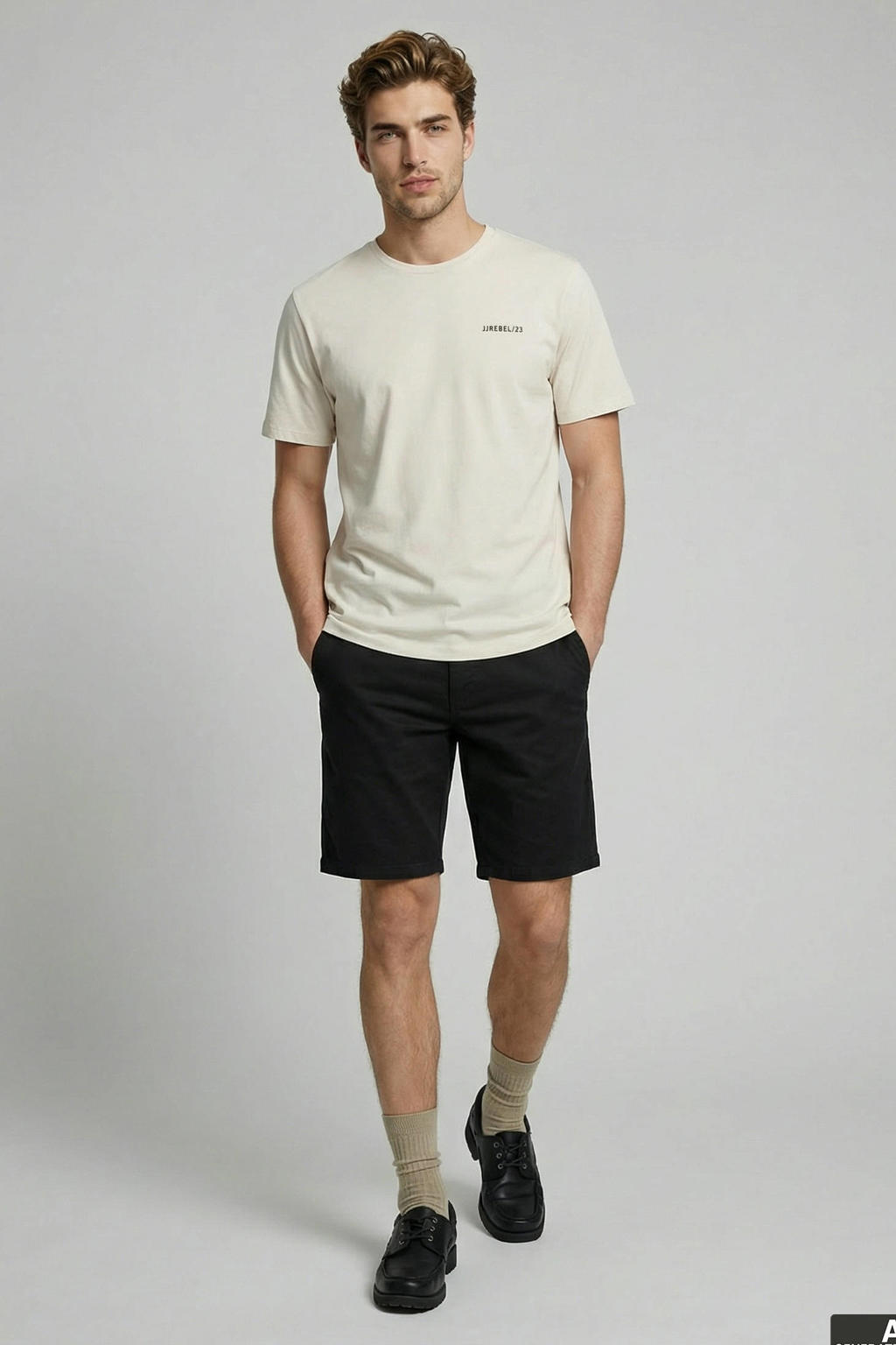 Beige heren JJ REBEL relaxed T-shirt van katoen met backprint, korte mouwen en ronde hals