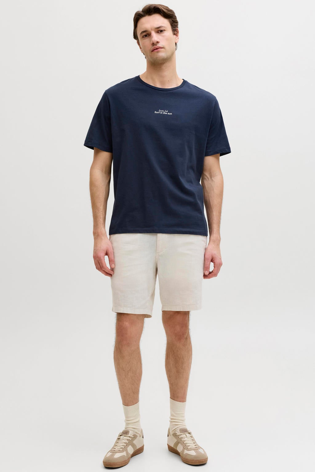 Donkerblauwe heren JJ REBEL relaxed T-shirt van katoen met backprint, korte mouwen en ronde hals