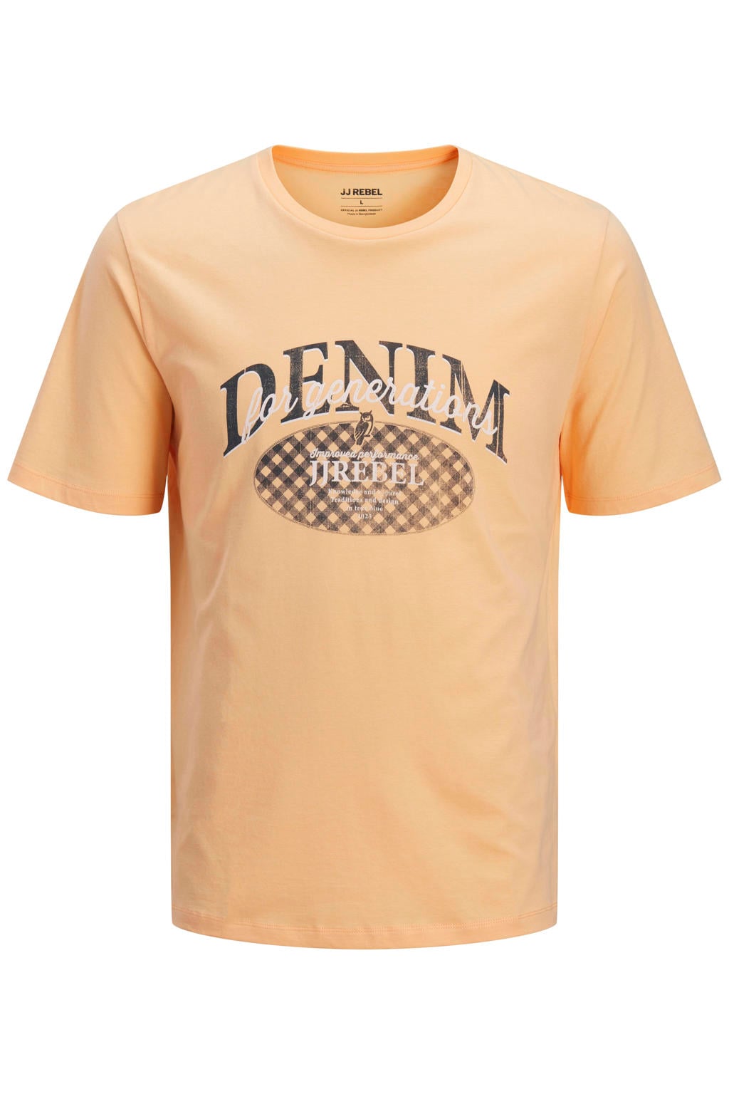 Oranje heren JJ REBEL regular T-shirt van katoen met printopdruk, korte mouwen en ronde hals