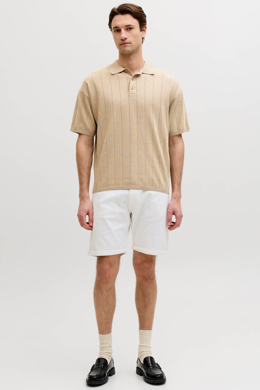 Beige heren JJ REBEL relaxed polo gebreid van katoen met effen, korte mouwen en knoopsluiting
