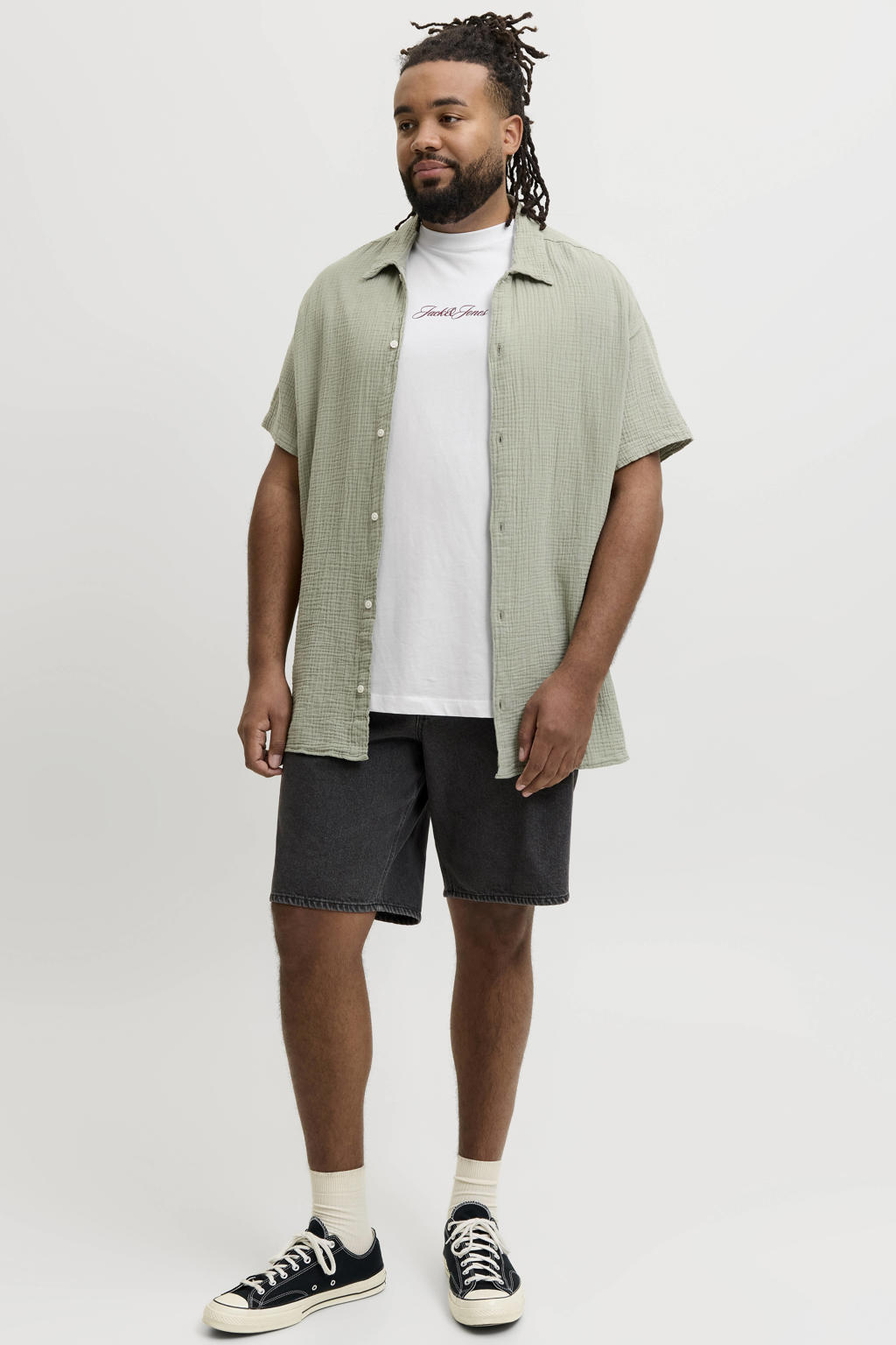 Witte heren JACK & JONES PLUS SIZE regular T-shirt van katoen met backprint, korte mouwen en ronde hals