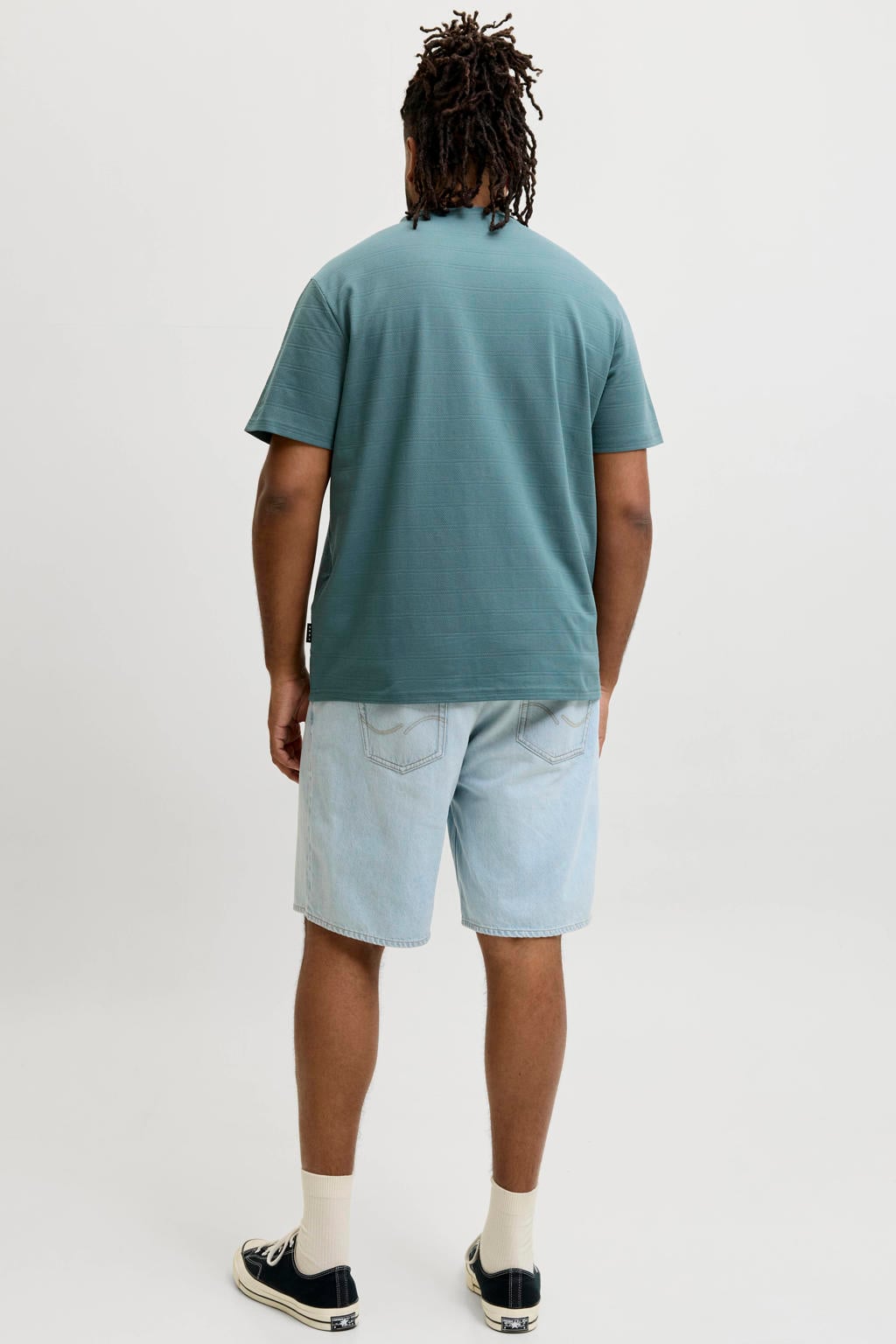 Petrolkleurige heren JACK & JONES PLUS SIZE regular T-shirt van polyester met effen, korte mouwen en ronde hals