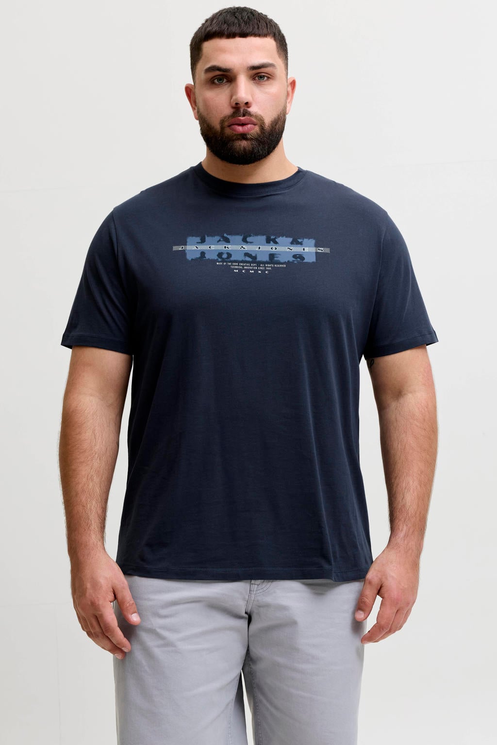 Donkerblauwe heren JACK & JONES PLUS SIZE regular T-shirt van katoen met printopdruk, korte mouwen en ronde hals