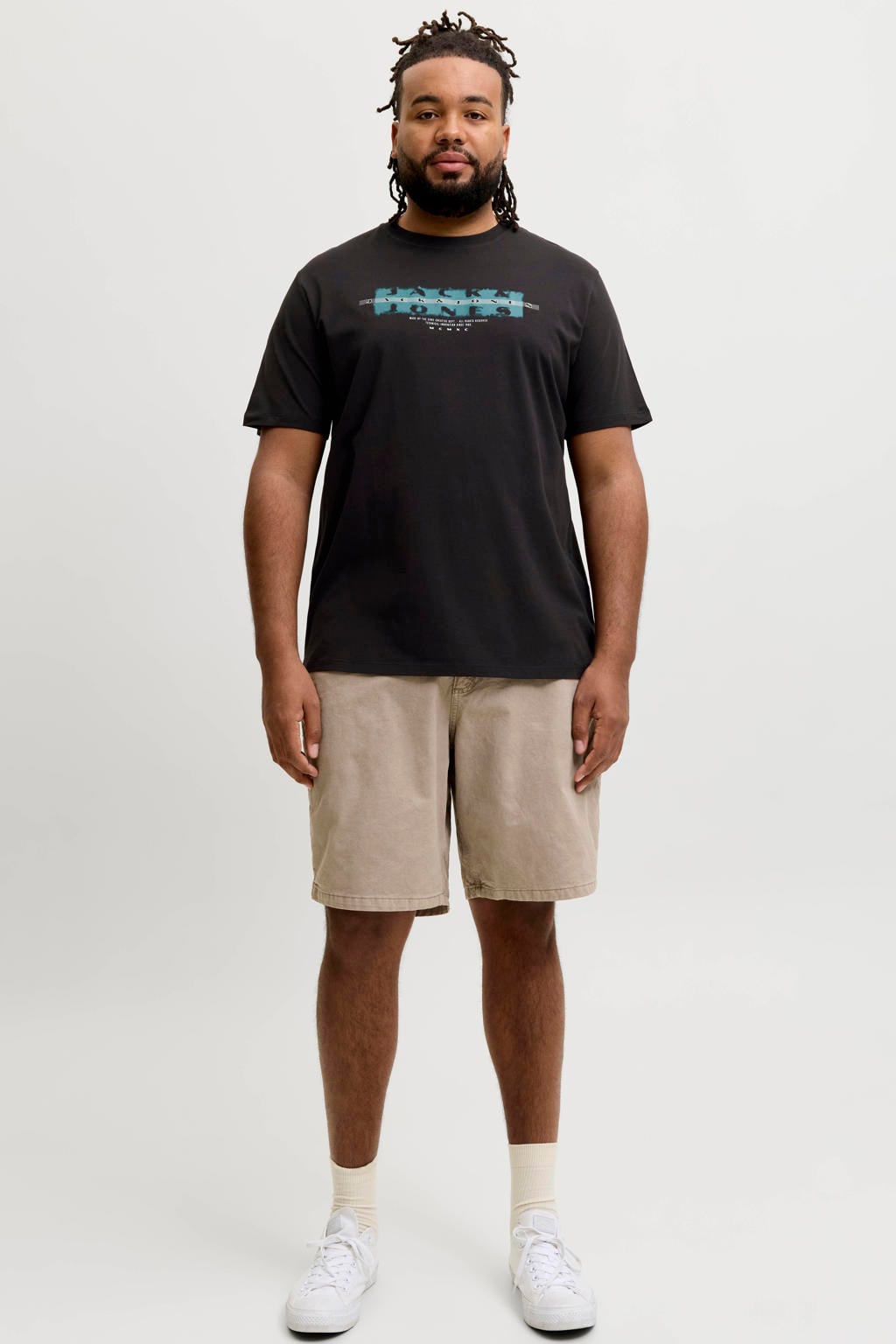 Zwarte heren JACK & JONES PLUS SIZE regular T-shirt van katoen met printopdruk, korte mouwen en ronde hals