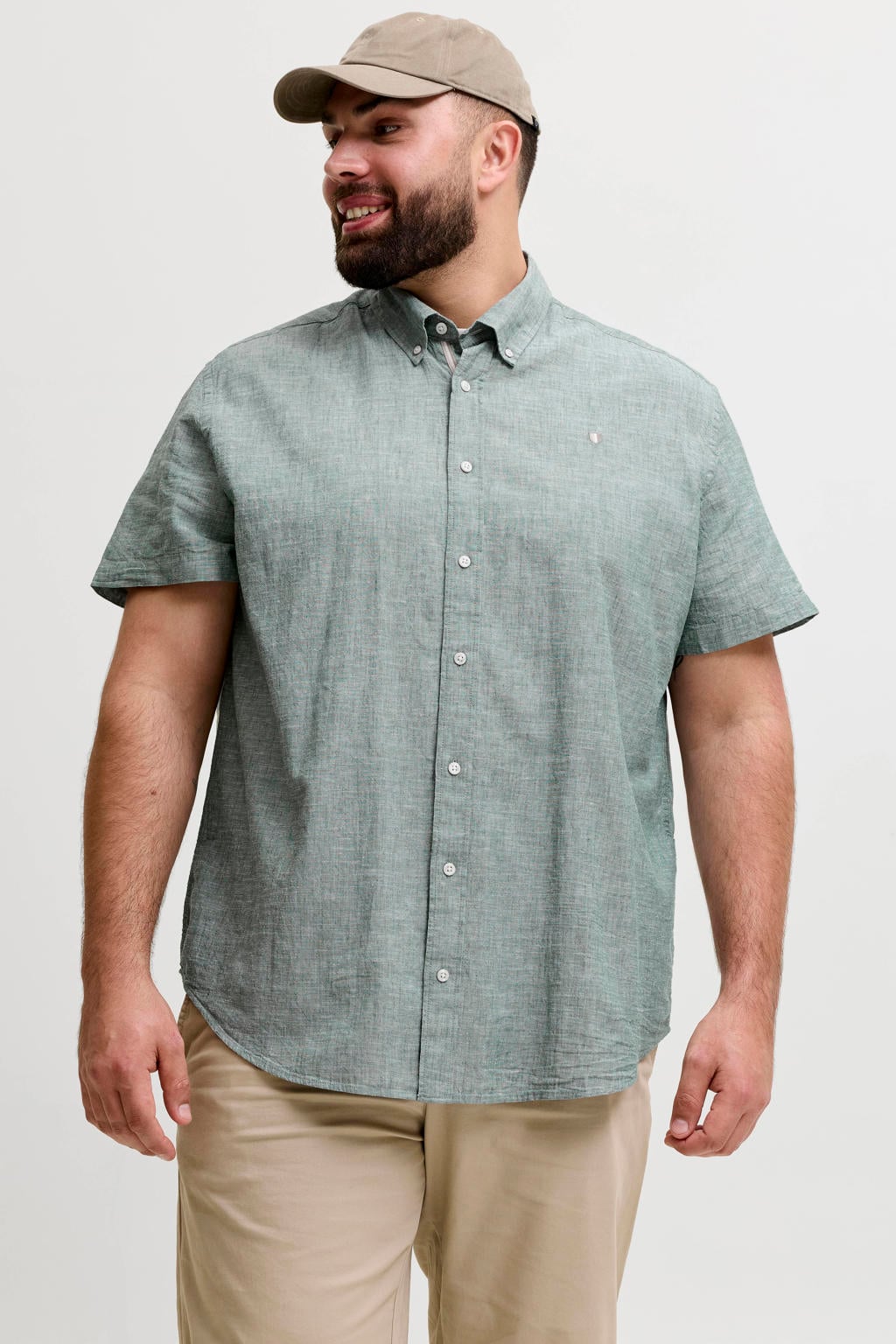 Groene heren JACK & JONES PLUS SIZE regular casual overhemd van linnen met melée print, korte mouwen, button down sluiting en knoopsluiting