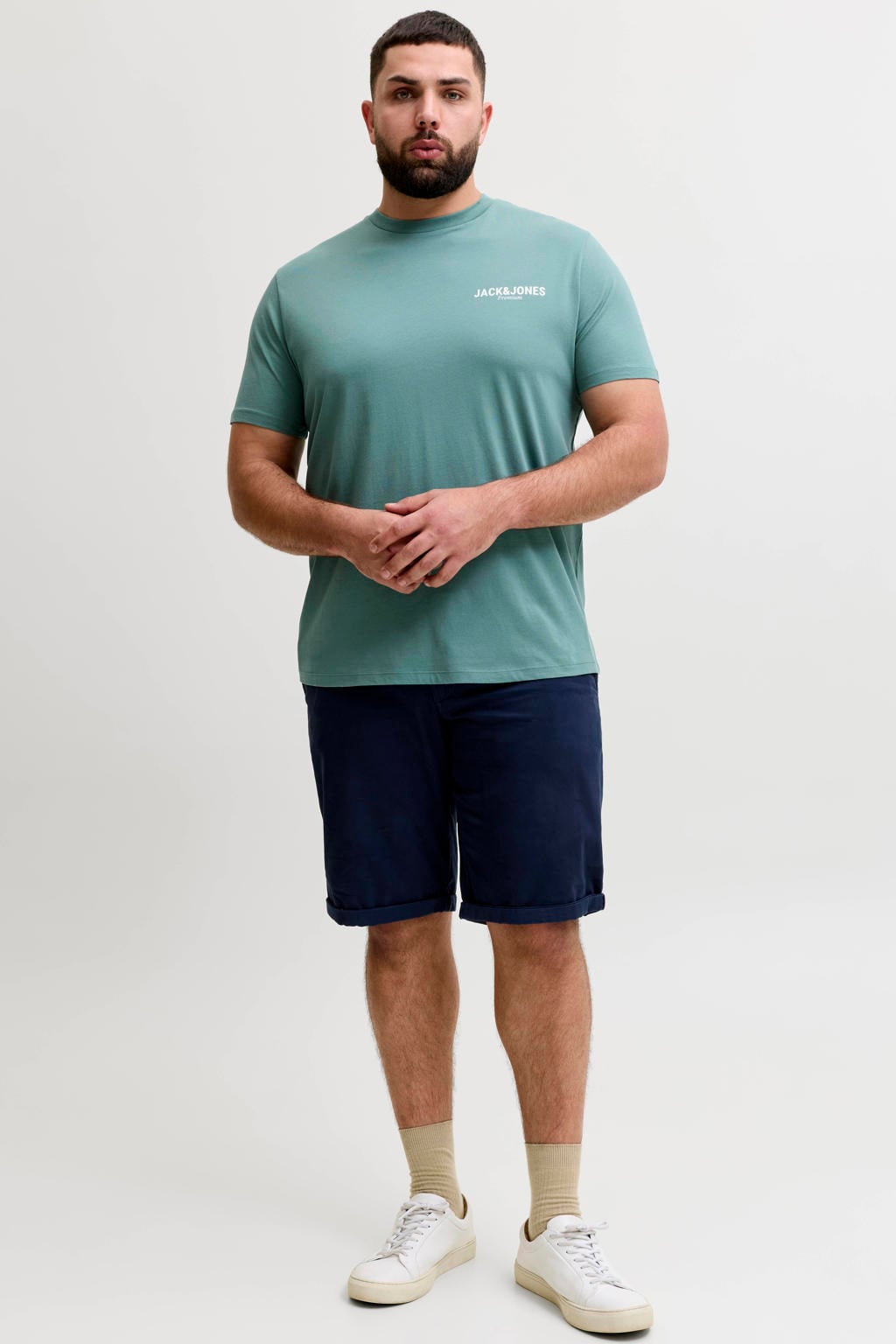 Groene heren JACK & JONES PLUS SIZE regular T-shirt van katoen met effen, korte mouwen en ronde hals