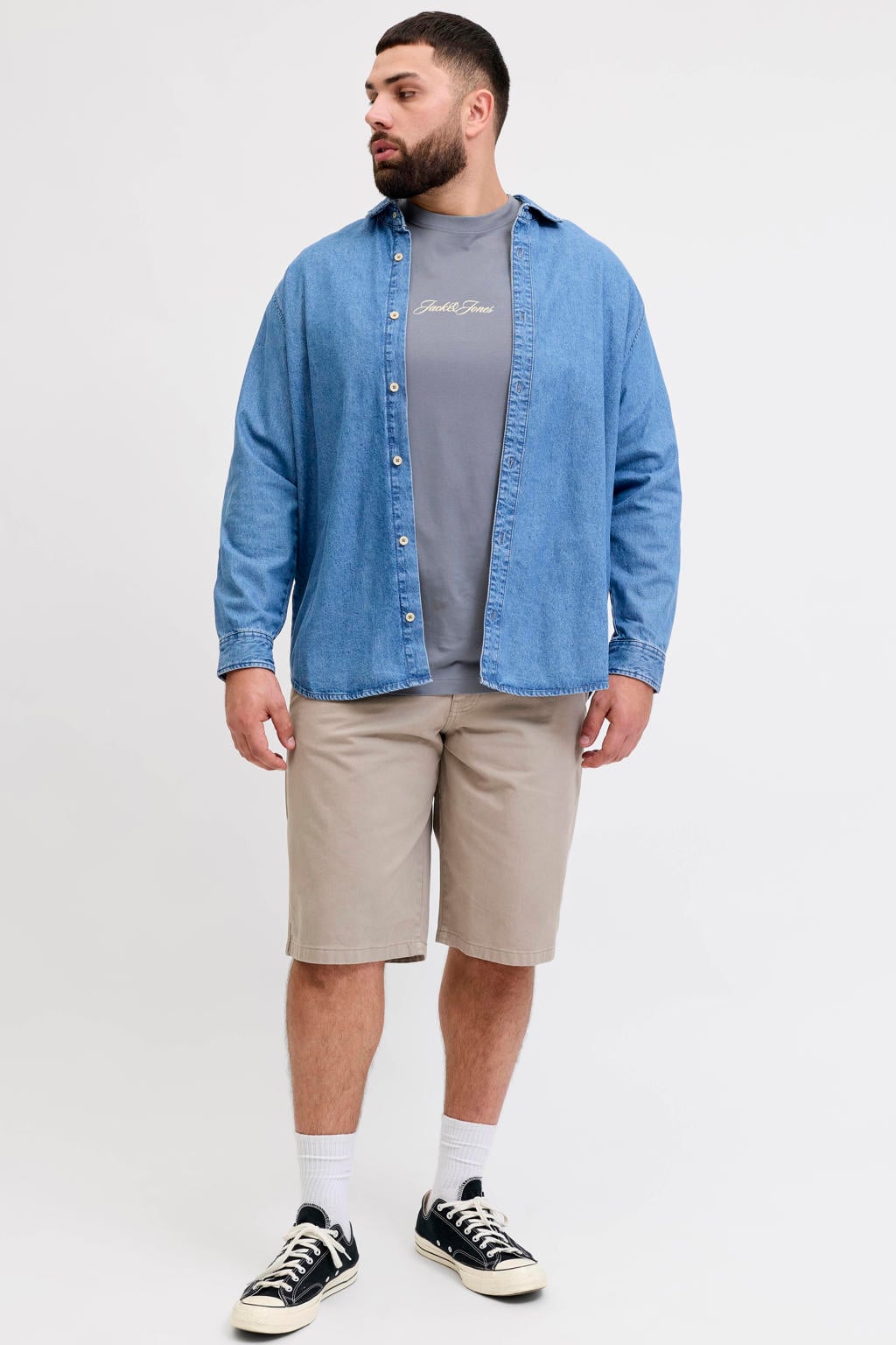 Grijsblauwe heren JACK & JONES PLUS SIZE regular T-shirt blauw van katoen met backprint, korte mouwen en ronde hals