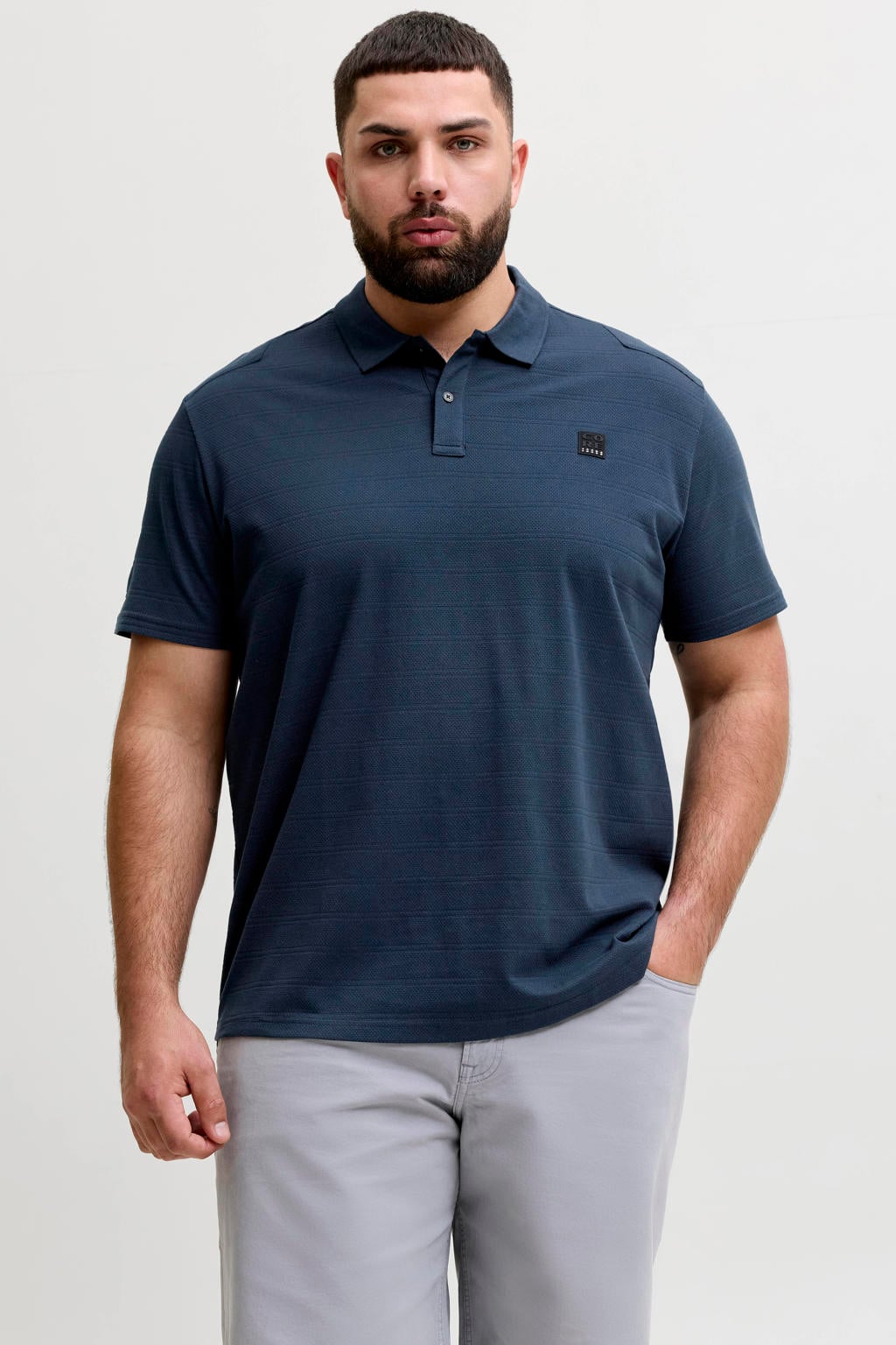 Blauwe heren JACK & JONES PLUS SIZE regular polo met effen, korte mouwen en knoopsluiting
