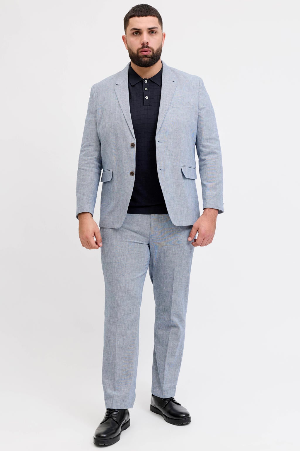 Donkerblauwe heren JACK & JONES PLUS SIZE regular polo gebreid van viscose met effen, korte mouwen en knoopsluiting