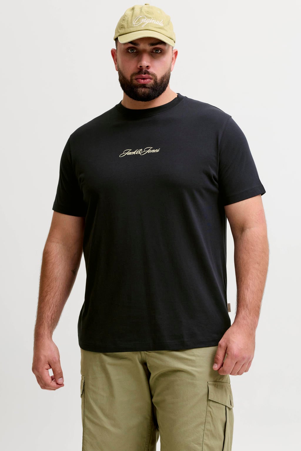 Zwarte heren JACK & JONES PLUS SIZE regular T-shirt van katoen met backprint, korte mouwen en ronde hals