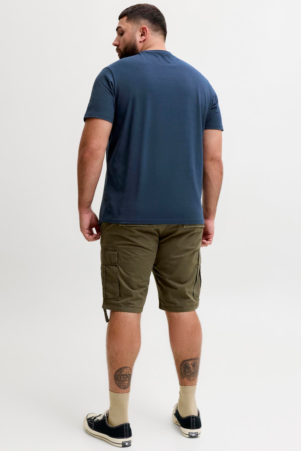 Blauwe heren JACK & JONES PLUS SIZE regular T-shirt van polyester met effen, korte mouwen en ronde hals
