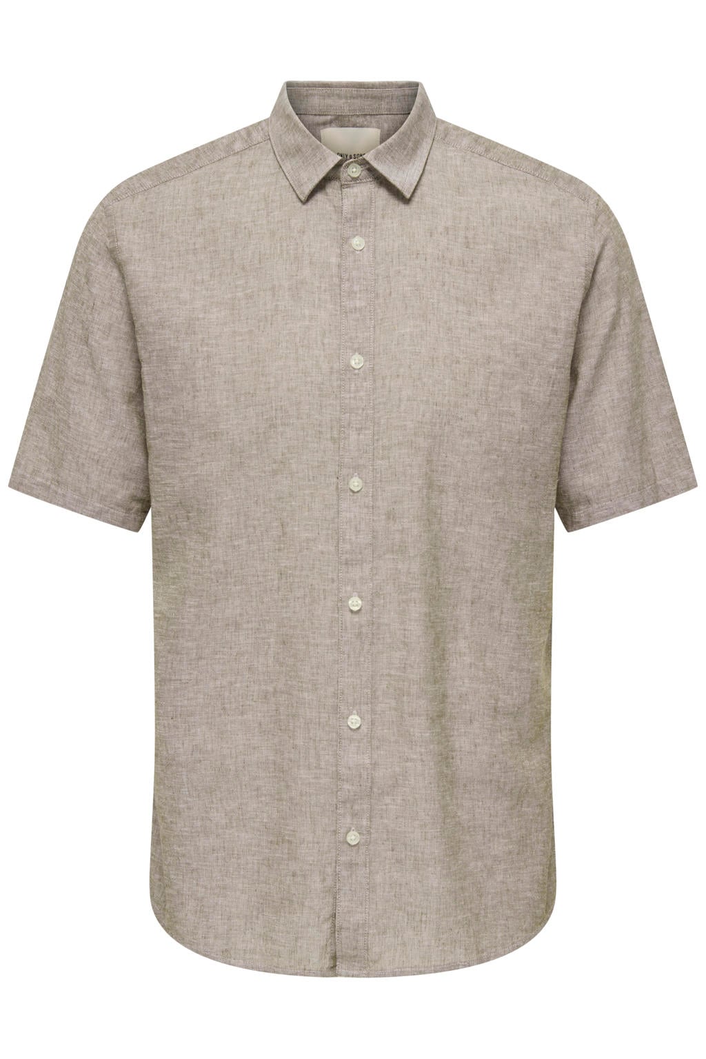 Lichtbruine heren ONLY & SONS slim casual overhemd van katoenlinnen met effen, korte mouwen en klassieke kraag