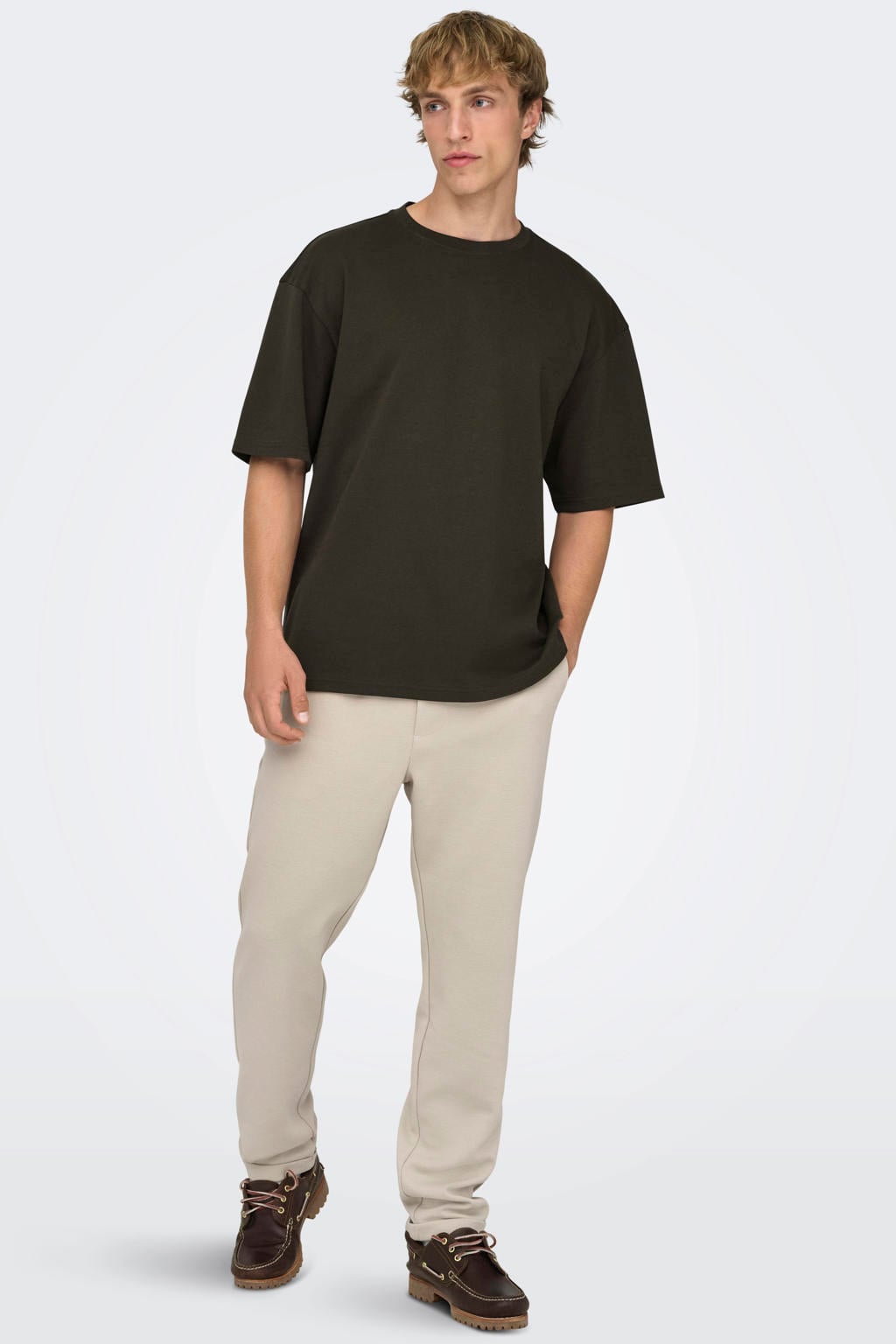 Donkerblauwe heren ONLY & SONS boxy T-shirt van katoen met effen, korte mouwen en ronde hals