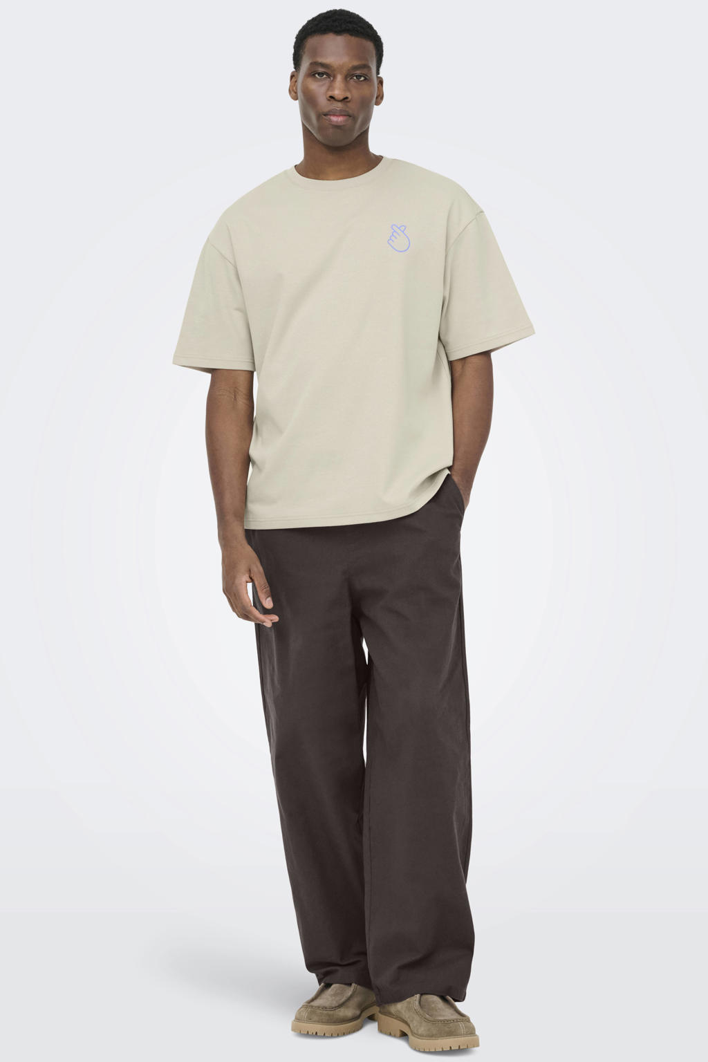 Beige heren ONLY & SONS oversized T-shirt van katoen met backprint, korte mouwen en ronde hals