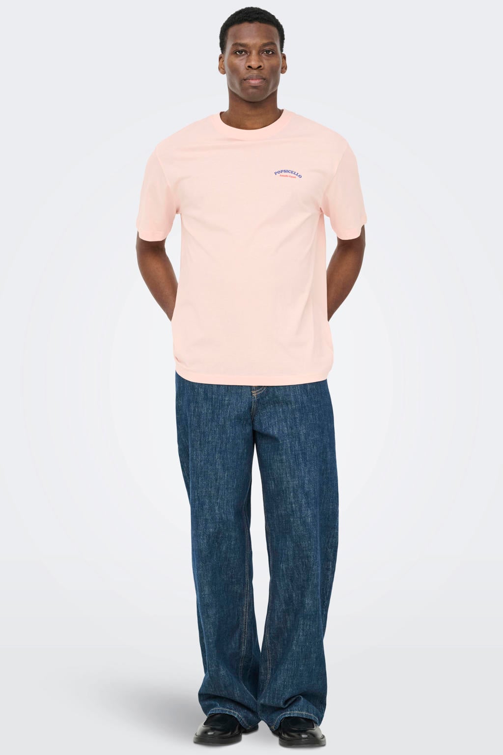 Roze heren ONLY & SONS relaxed T-shirt van katoen met backprint, korte mouwen en ronde hals
