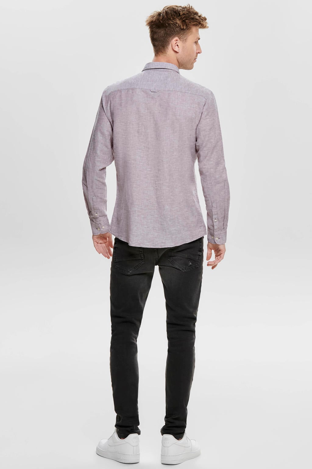 Paarse heren ONLY & SONS slim casual overhemd met effen, lange mouwen en klassieke kraag