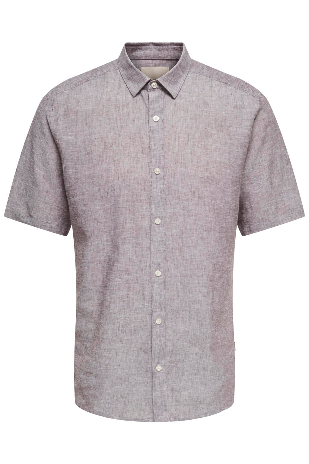 Paarse heren ONLY & SONS slim casual overhemd van katoenlinnen met effen, korte mouwen en klassieke kraag
