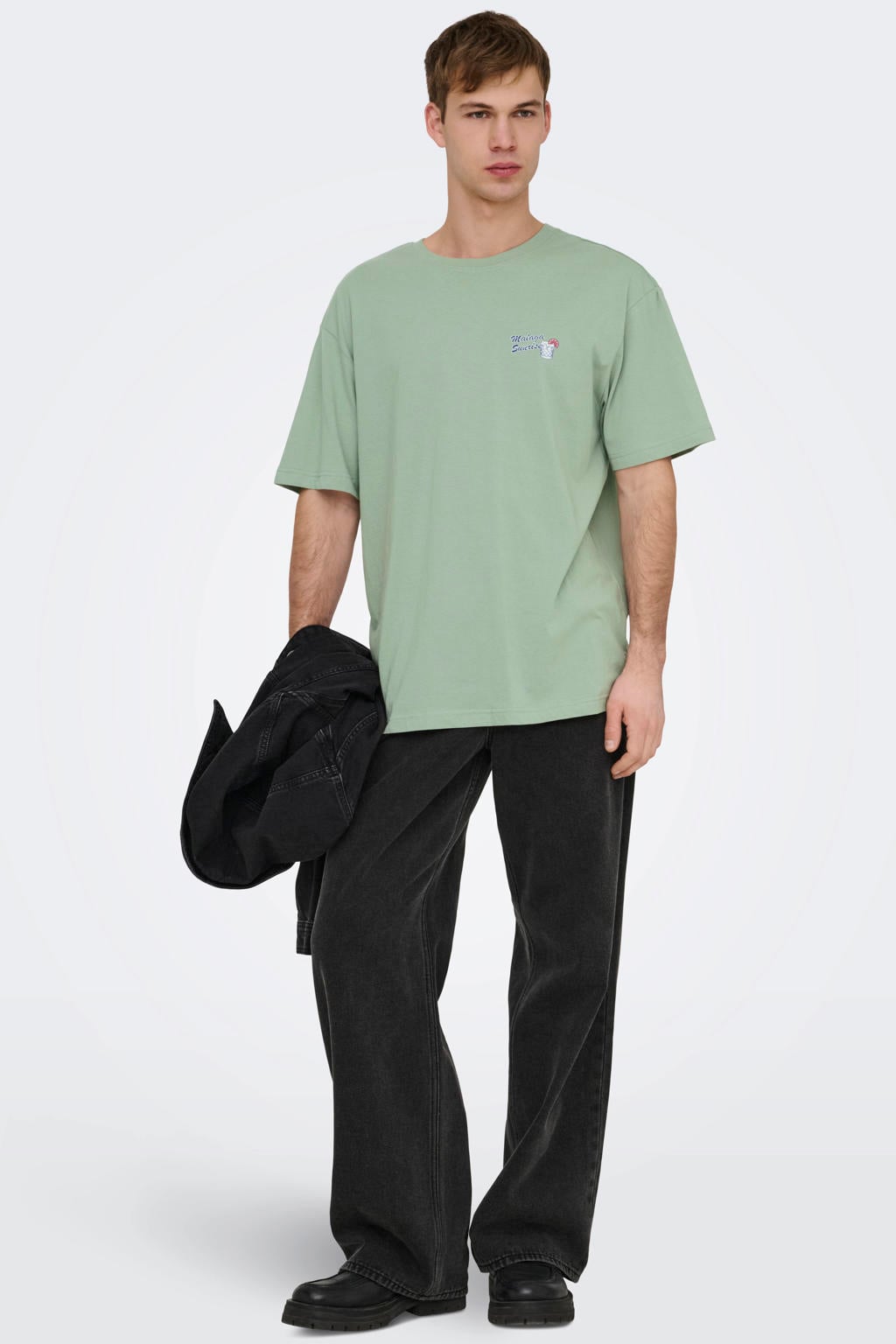 Groene heren ONLY & SONS relaxed T-shirt van katoen met backprint, korte mouwen en ronde hals