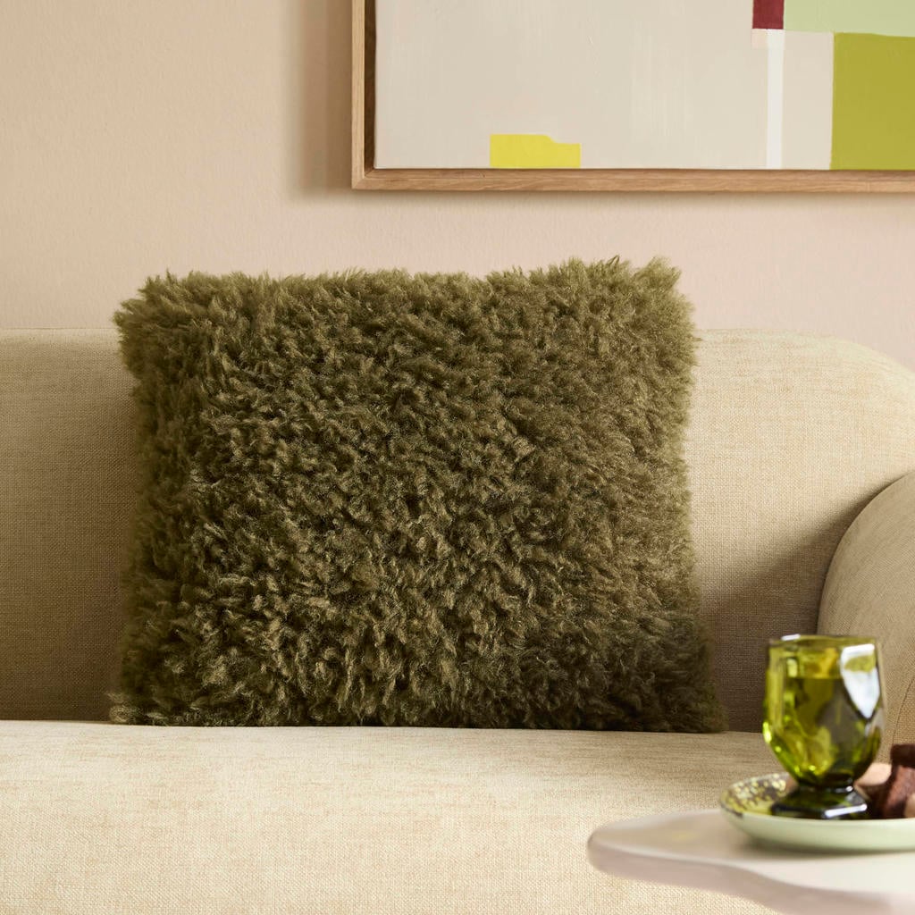 NOUS Living vierkante sierkussenhoes Fluffy 45x45 cm - olijfgroen