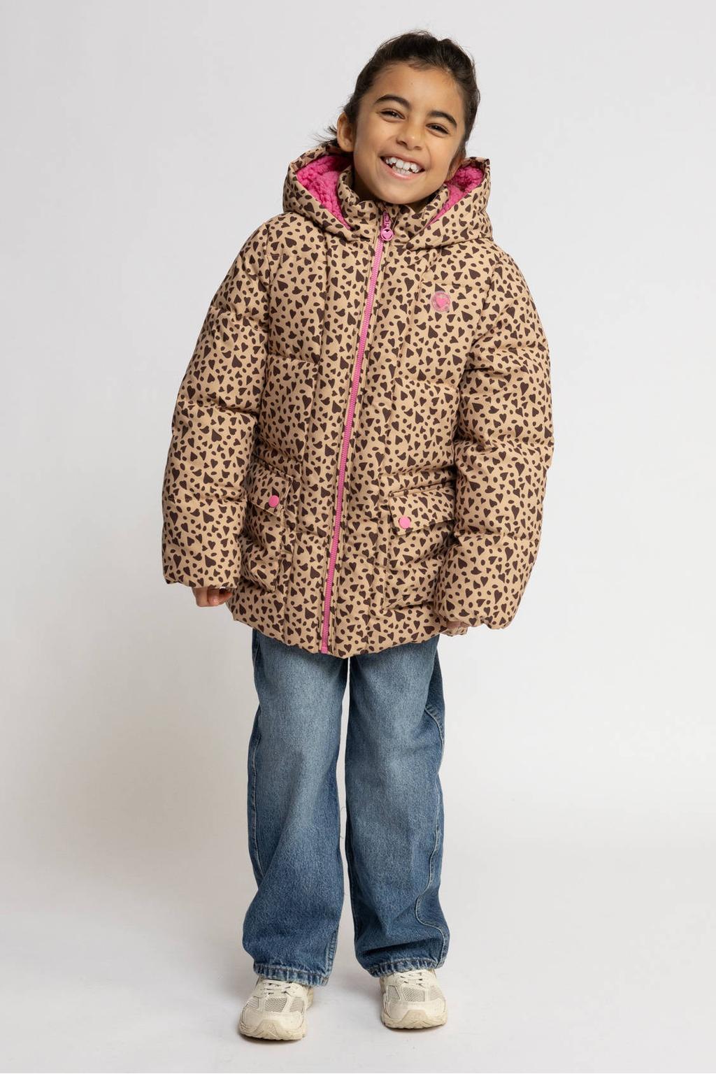 Bruine meisjes LOOXS little teddy winterjas van polyester met hartjesprint, lange mouwen, capuchon en ritssluiting