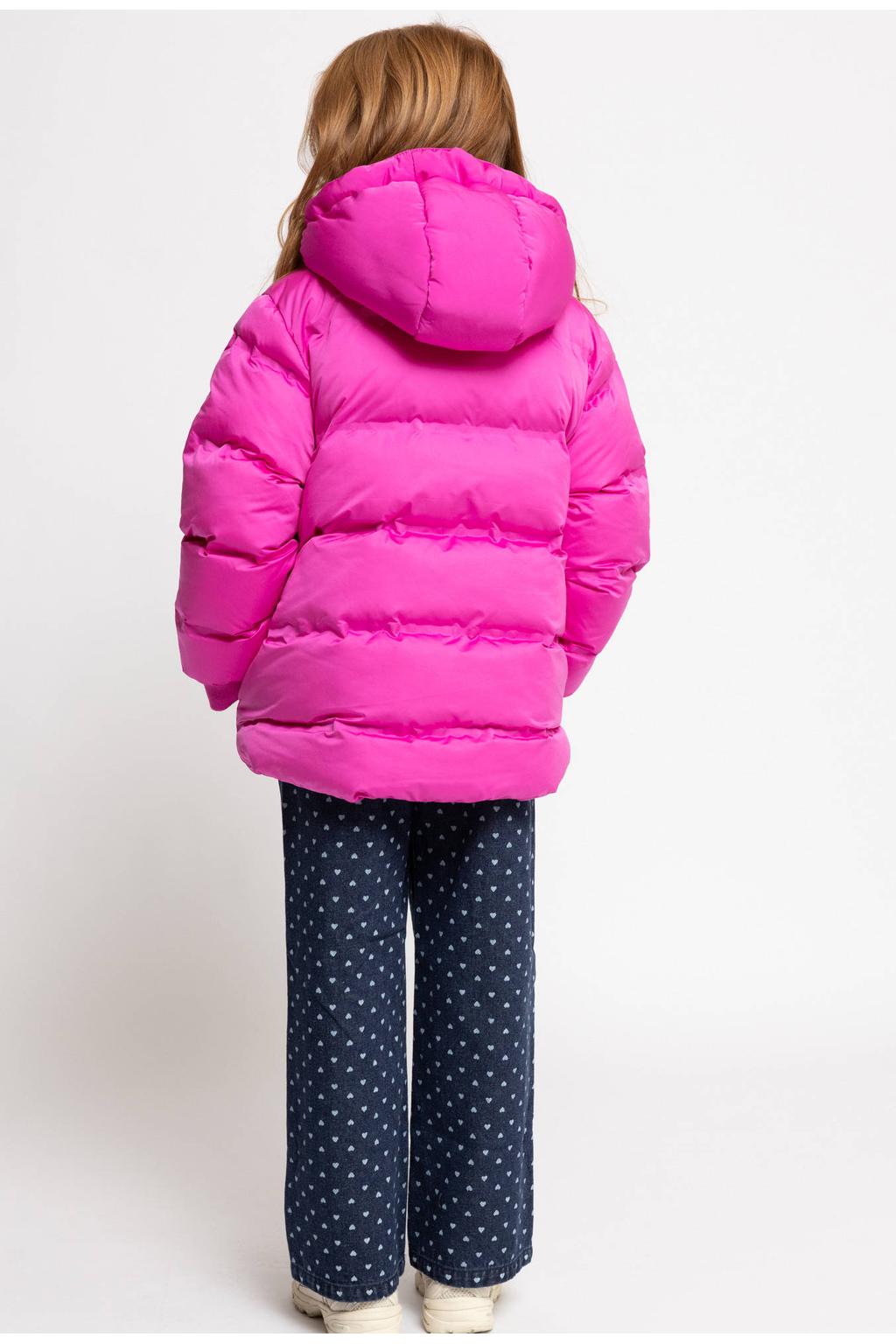 Roze meisjes LOOXS little winterjas van polyester met effen, lange mouwen, capuchon, rits- en drukknoopsluiting en geribde boorden