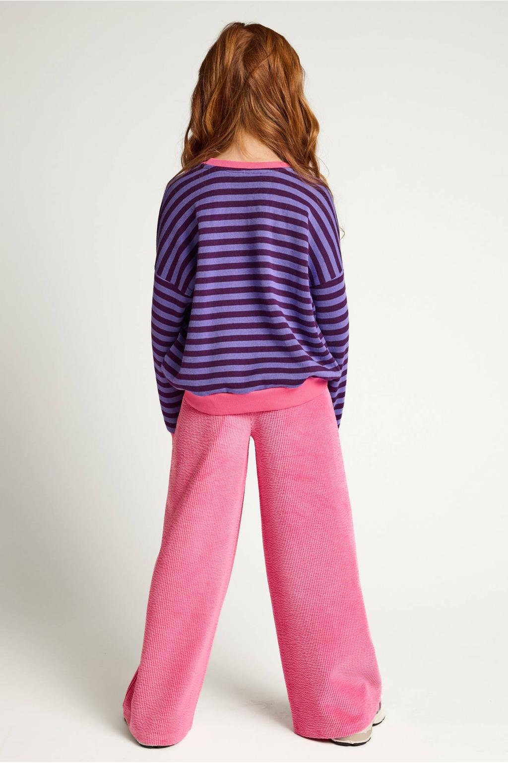 Paars en roze meisjes LOOXS little katoenen oversized gestreepte gebreide sweater met lange mouwen en ronde hals