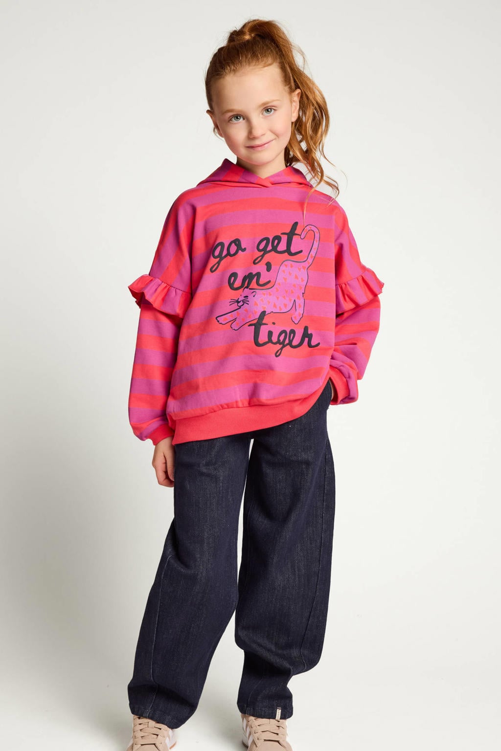 Rood en paarse meisjes LOOXS little oversized gestreepte hoodie van stretchkatoen met lange mouwen en capuchon