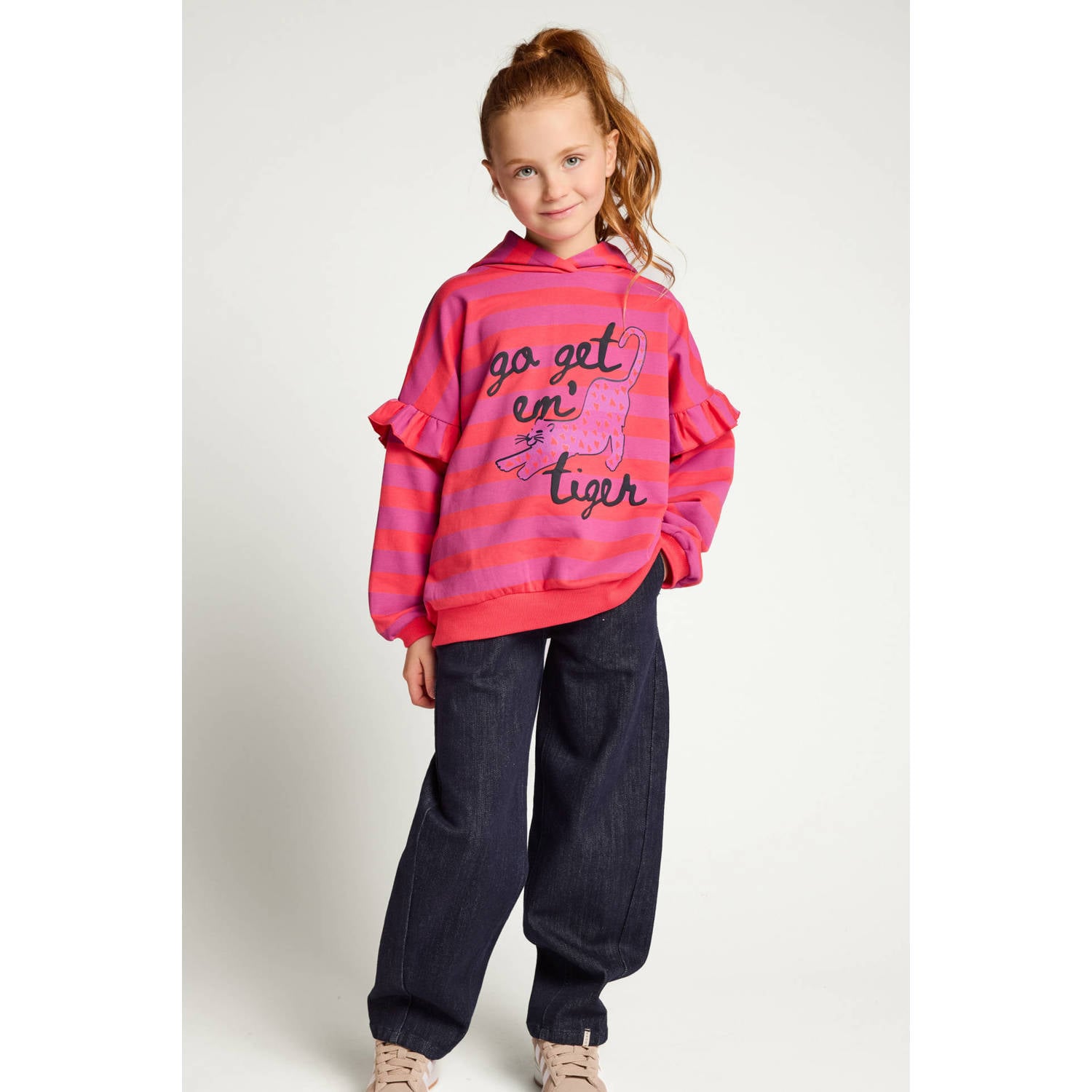 LOOXS little oversized gestreepte hoodie met ruches rood paars