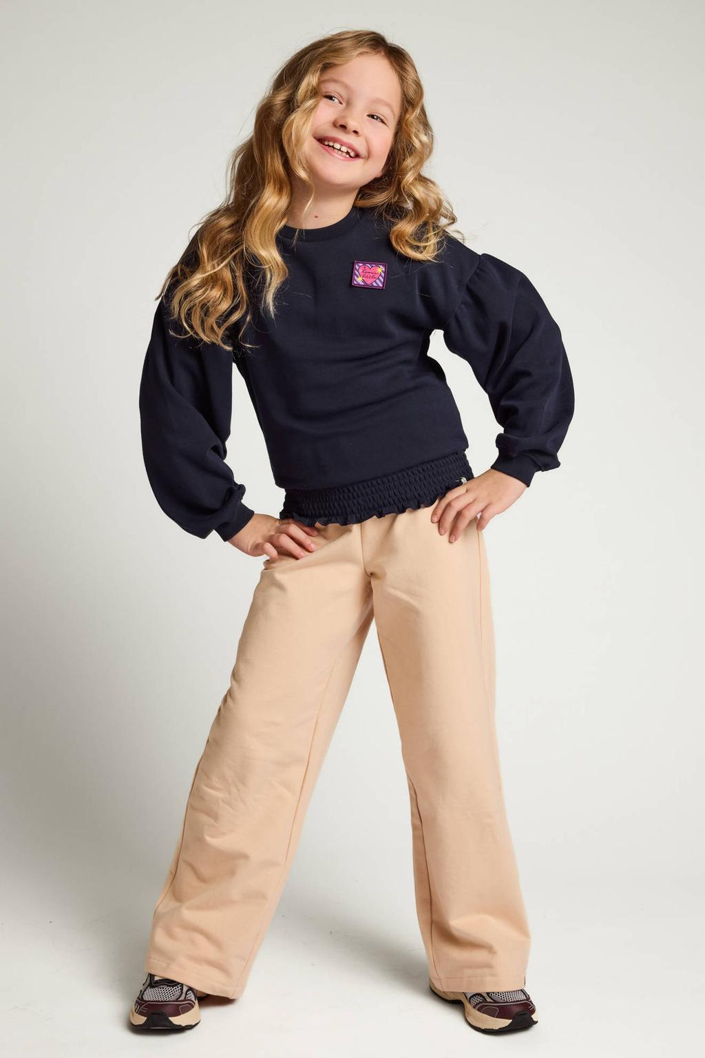 Beige meisjes LOOXS little wide leg joggingbroek van stretchkatoen met effen