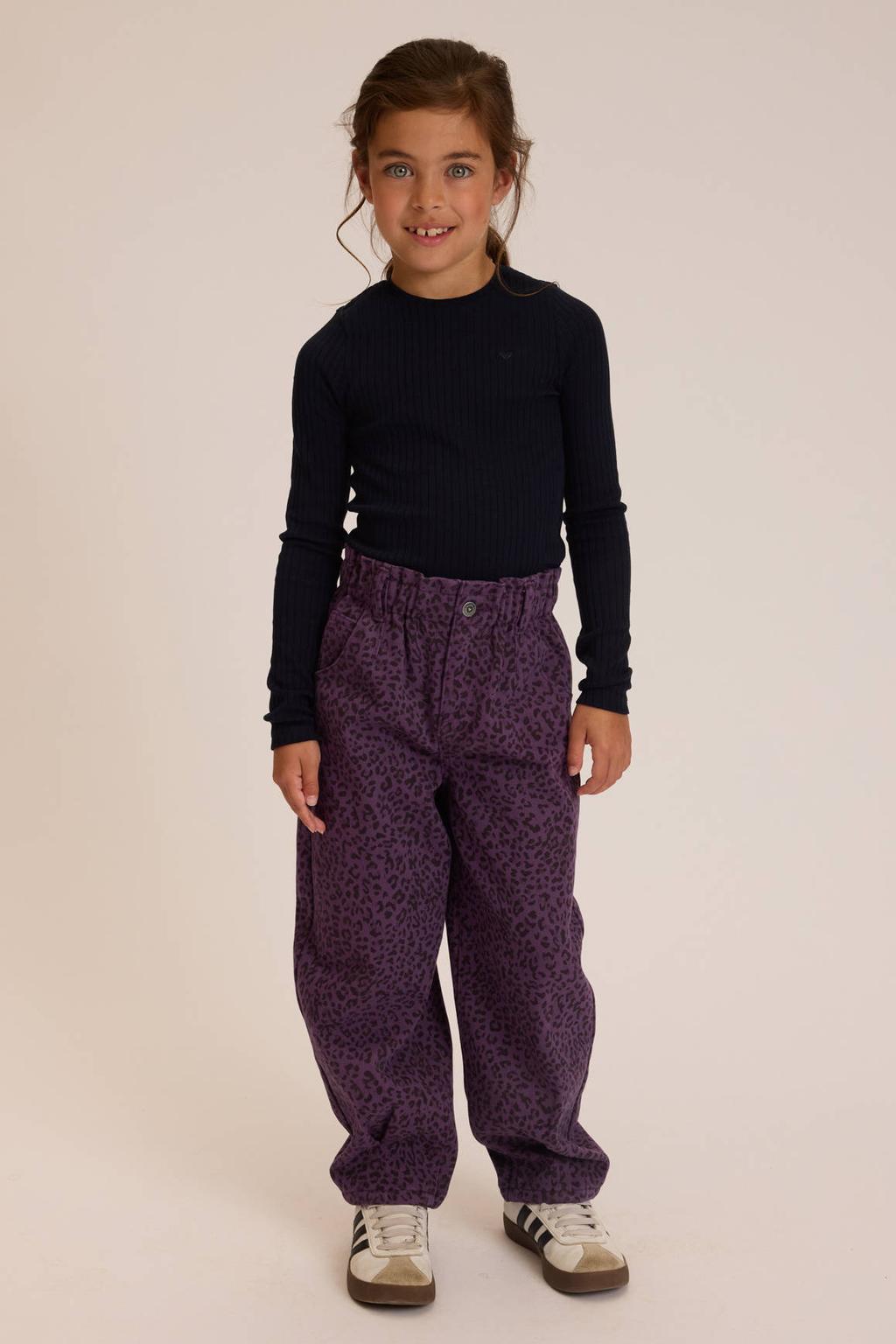 Donkerblauwe meisjes LOOXS little aansluitende longsleeve van katoen met effen, lange mouwen, ronde hals en rib gebreide details