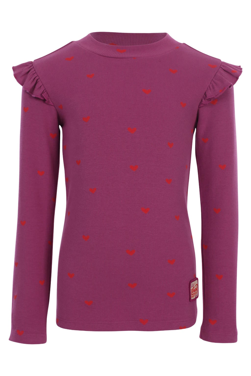 Paarse meisjes LOOXS little aansluitende longsleeve en hartjes met lange mouwen, opstaande kraag en ruches