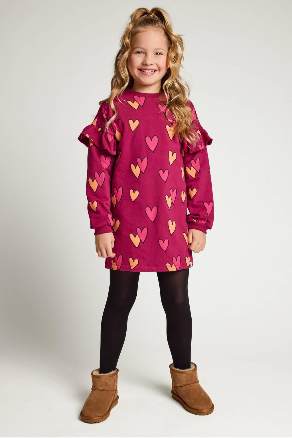 LOOXS little sweatjurk met ruches en hartjes - donkerrood