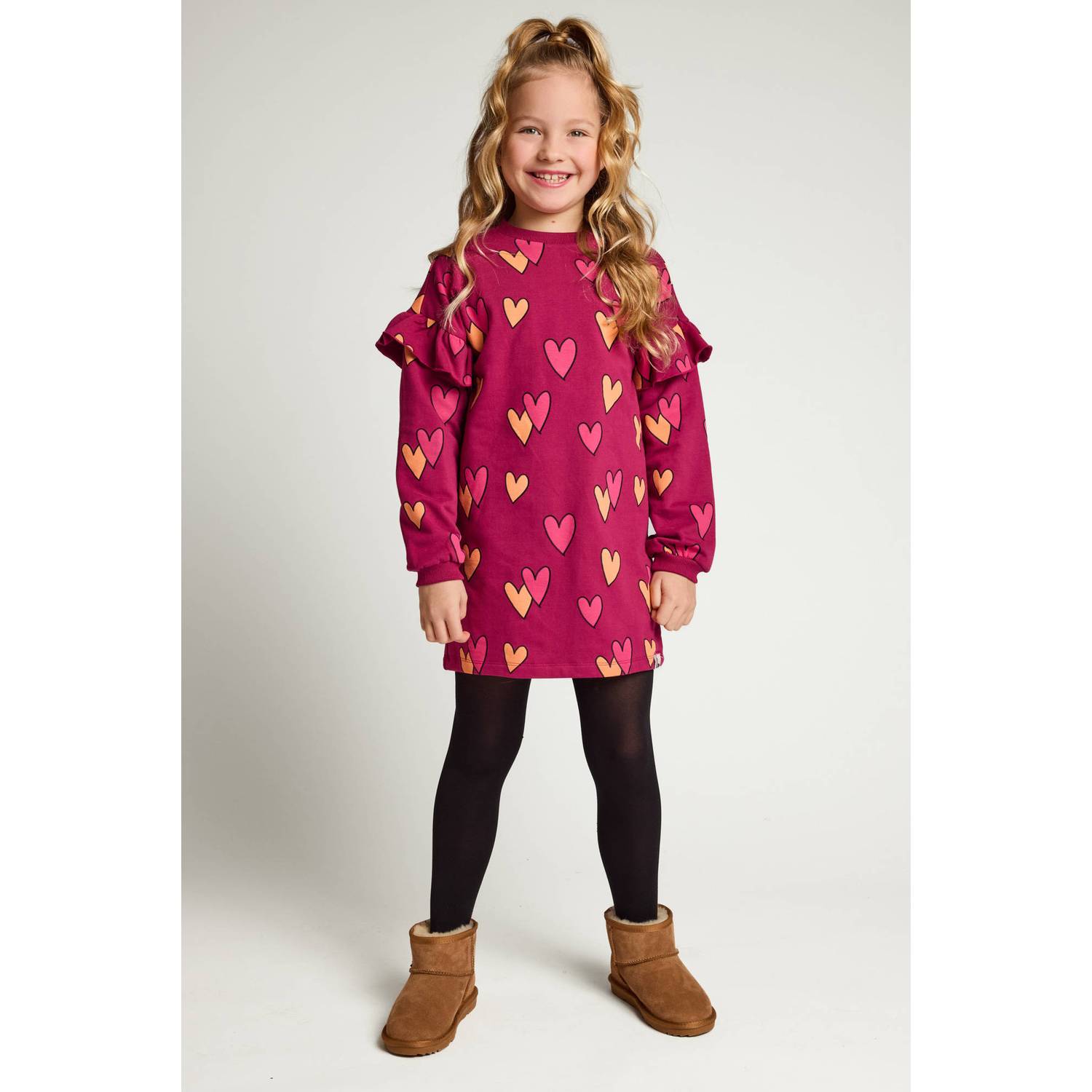 LOOXS little sweatjurk met ruches en hartjes donkerrood