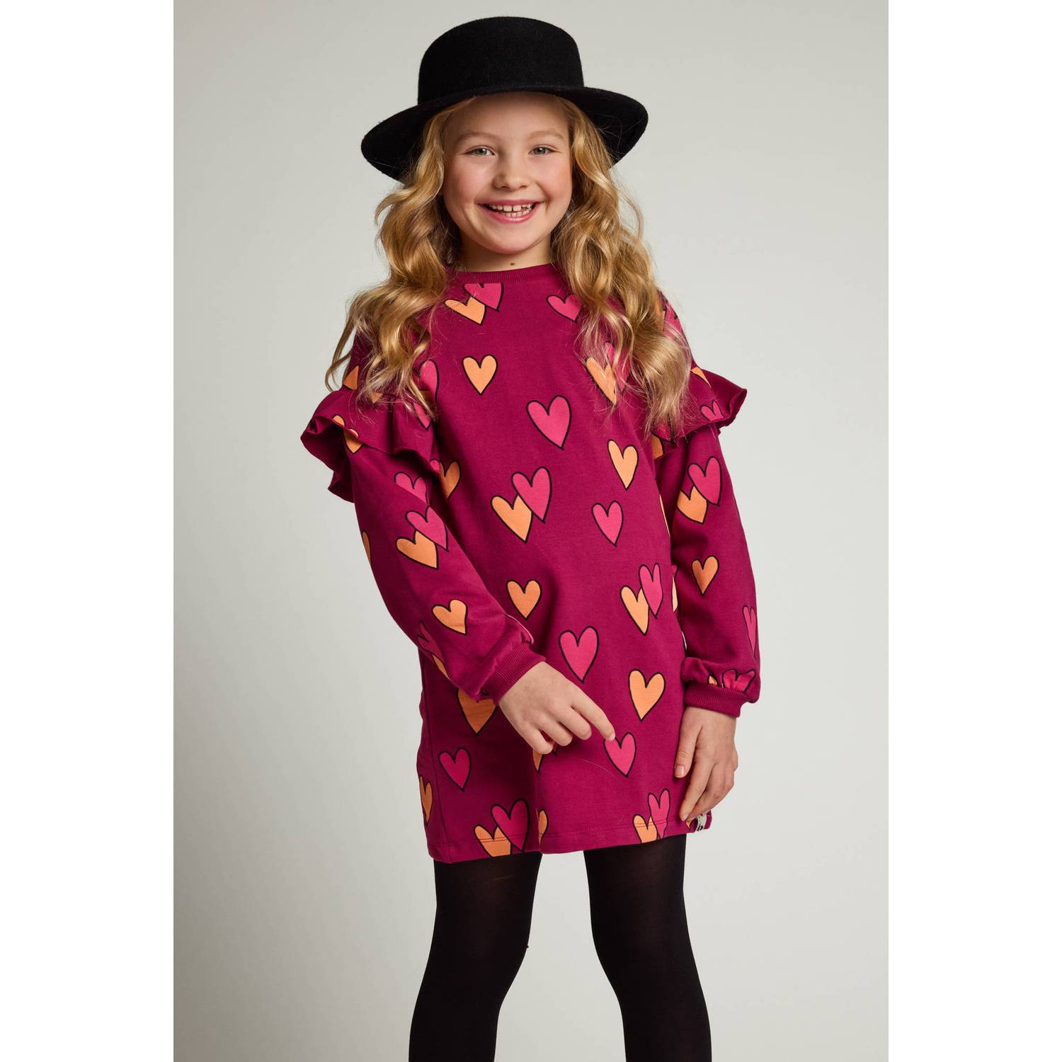 LOOXS little sweatjurk met ruches en hartjes donkerrood