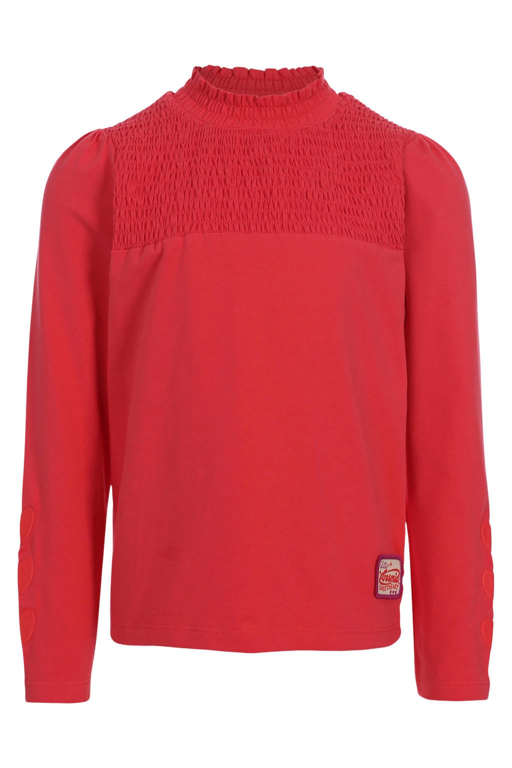 Koraalrode meisjes LOOXS little rechtvallende longsleeve van stretchkatoen met effen, lange mouwen, opstaande kraag en smockwerk