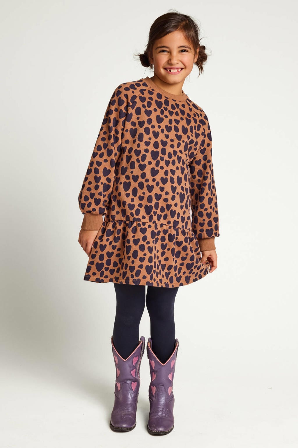 Bruine meisjes LOOXS little sweatjurk van stretchkatoen met panterprint, lange mouwen en ronde hals
