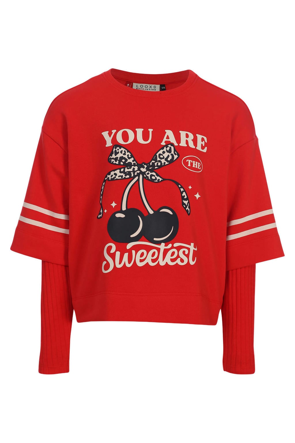 Rode meisjes LOOXS little oversized longsleeve van stretchkatoen met printopdruk, lange mouwen, ronde hals en contrast bies