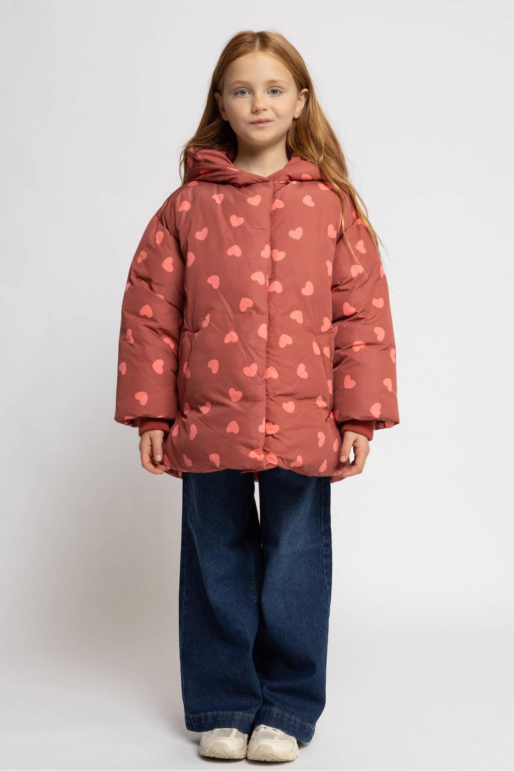Rood en roze meisjes LOOXS little winterjas van polyester met hartjesprint, lange mouwen, capuchon, rits- en drukknoopsluiting en geribde boorden