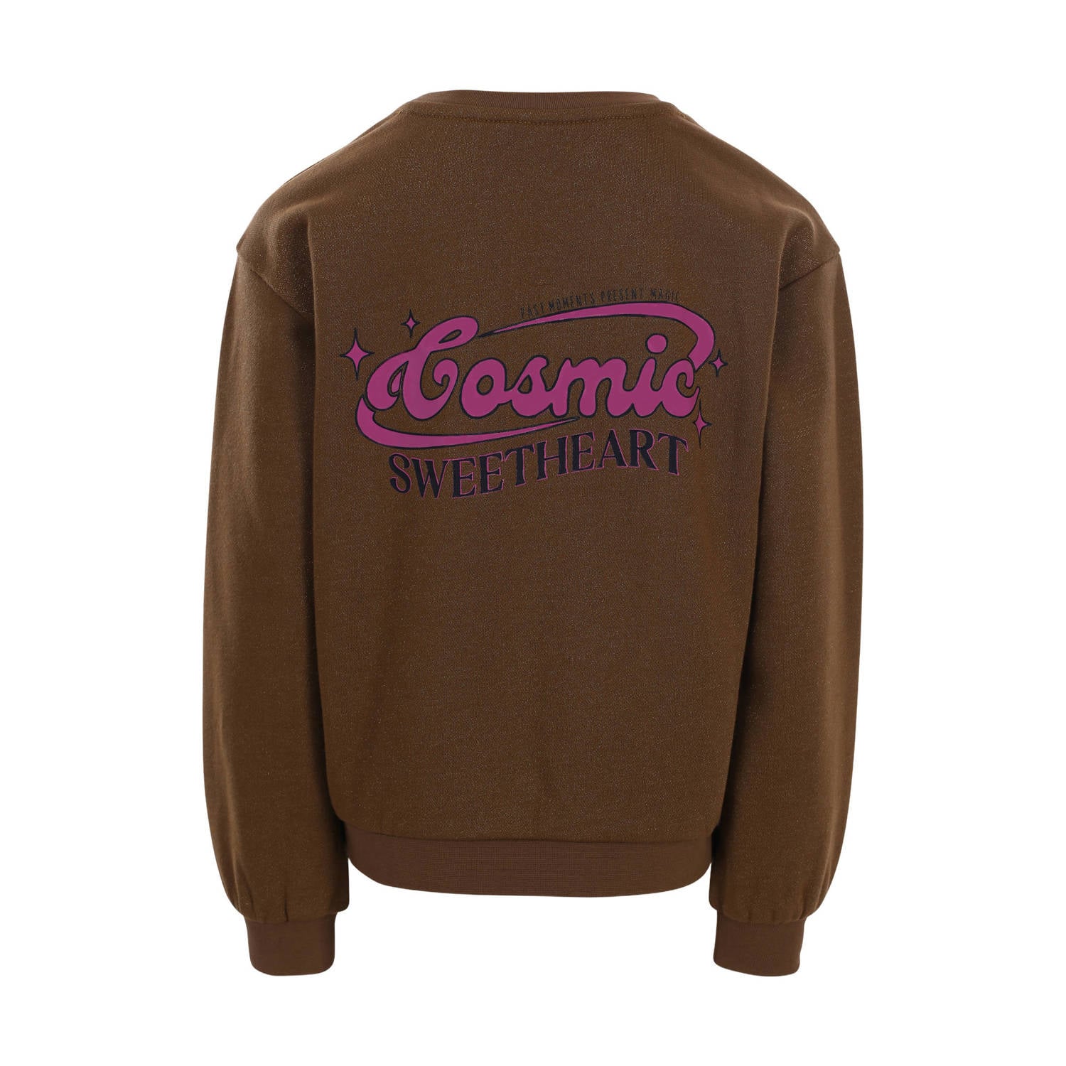 LOOXS little rechtvallende sweater met glitters en backprint bruin
