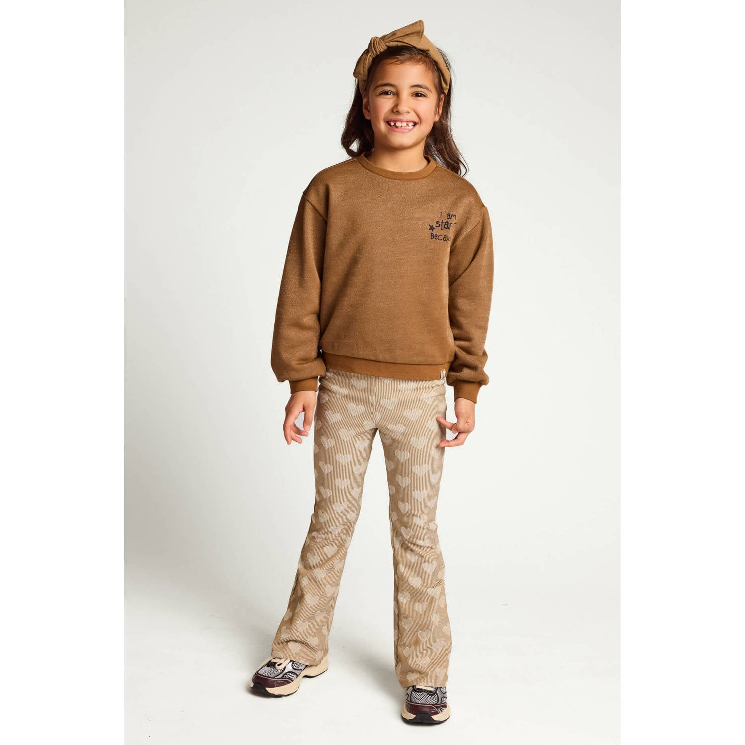 LOOXS little rechtvallende sweater met glitters en backprint bruin