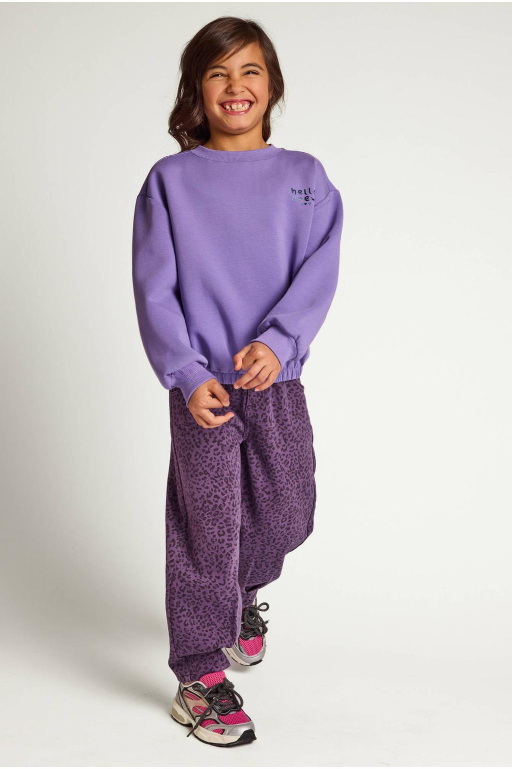 Paarse meisjes LOOXS little little leopard barrel jeans van denim met regular waist, rits- en haaksluiting en panterprint