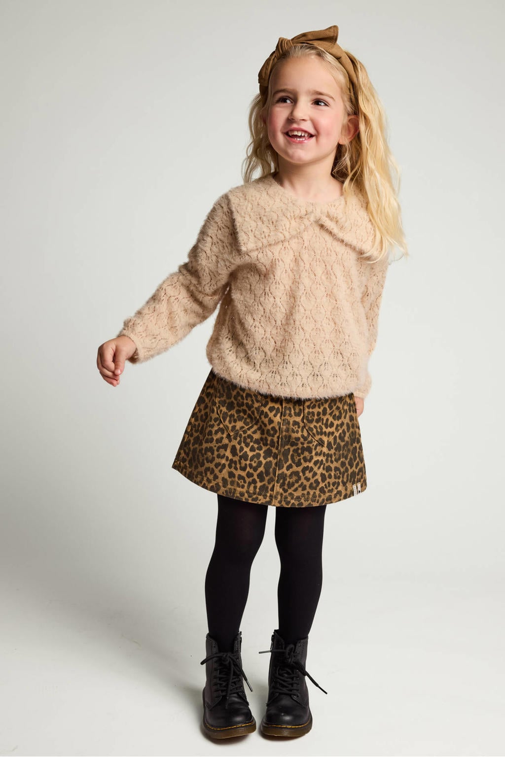 Beige meisjes LOOXS little korte spijkerrok met panterprint gemaakt van denim en met rits- en haaksluiting