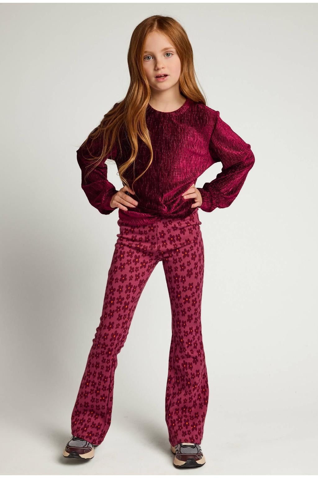 LOOXS little gebloemde flared broek - donkerrood