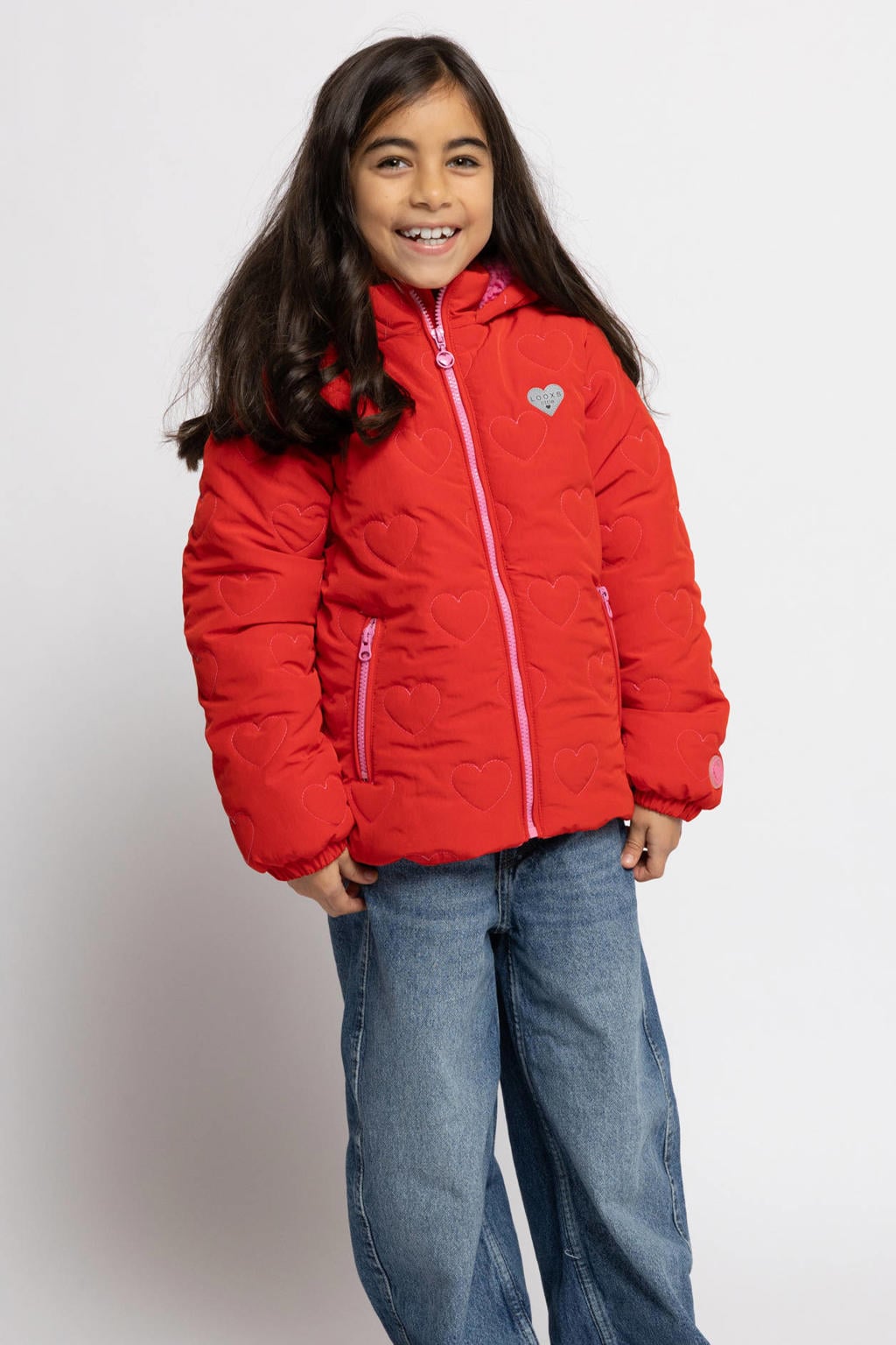 Rode meisjes LOOXS little teddy winterjas van polyester met hartjesprint, lange mouwen, capuchon, ritssluiting en contrast stiksels