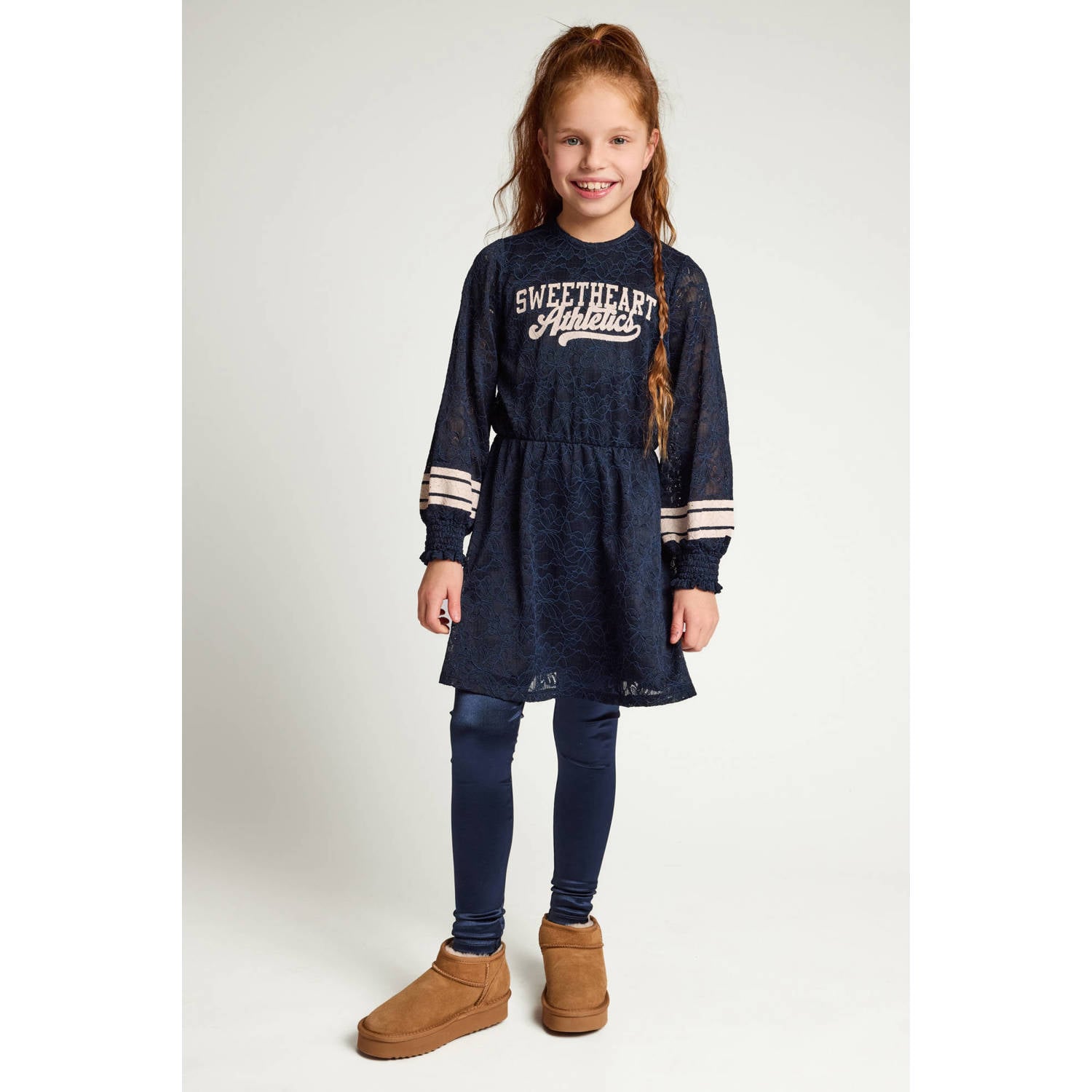 LOOXS little kanten A-lijn jurk met tekst donkerblauw