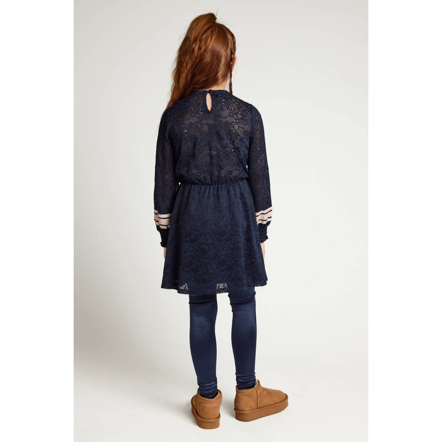 LOOXS little kanten A-lijn jurk met tekst donkerblauw